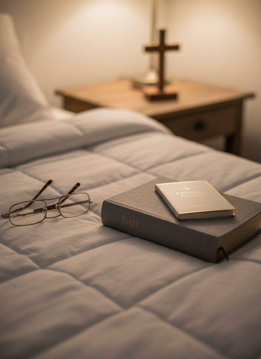 A serene bedside setting with a closed, soft gray linen-covered Bible resting on a white cotton duvet, accompanied by a slim, gold-edged devotional booklet placed neatly on top. A pair of reading glasses sits folded beside them, hinting at recent study. A small, simple wooden cross stands on a nearby nightstand, blurred in the background. Soft, diffused evening light from a nearby lamp creates a warm, comforting glow, producing gentle shadows and subtle reflections on the glasses. Photographic realism, eye-level composition with shallow depth of field, conveying intimacy, peace, and nightly reflection with the Lord.