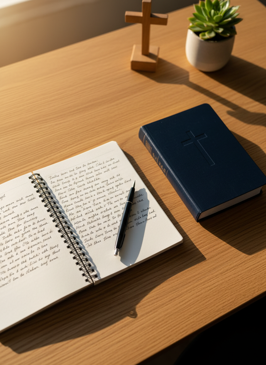 A neatly arranged writing space featuring a spiral-bound notebook with crisp white pages filled with elegant handwritten scripture notes, placed beside a closed navy-blue Bible with a subtle embossed cross on the cover. A fine-tip black pen rests diagonally across the notebook. The desk is a light oak surface with a soft, natural texture. Diffused late-afternoon light streams in from the left, illuminating the pages and creating soft, calm shadows. In the blurred background, a small wooden cross and a potted green plant add depth. Photographic realism, overhead angle, clean and professional composition, evoking focus, encouragement, and thoughtful Christian writing.