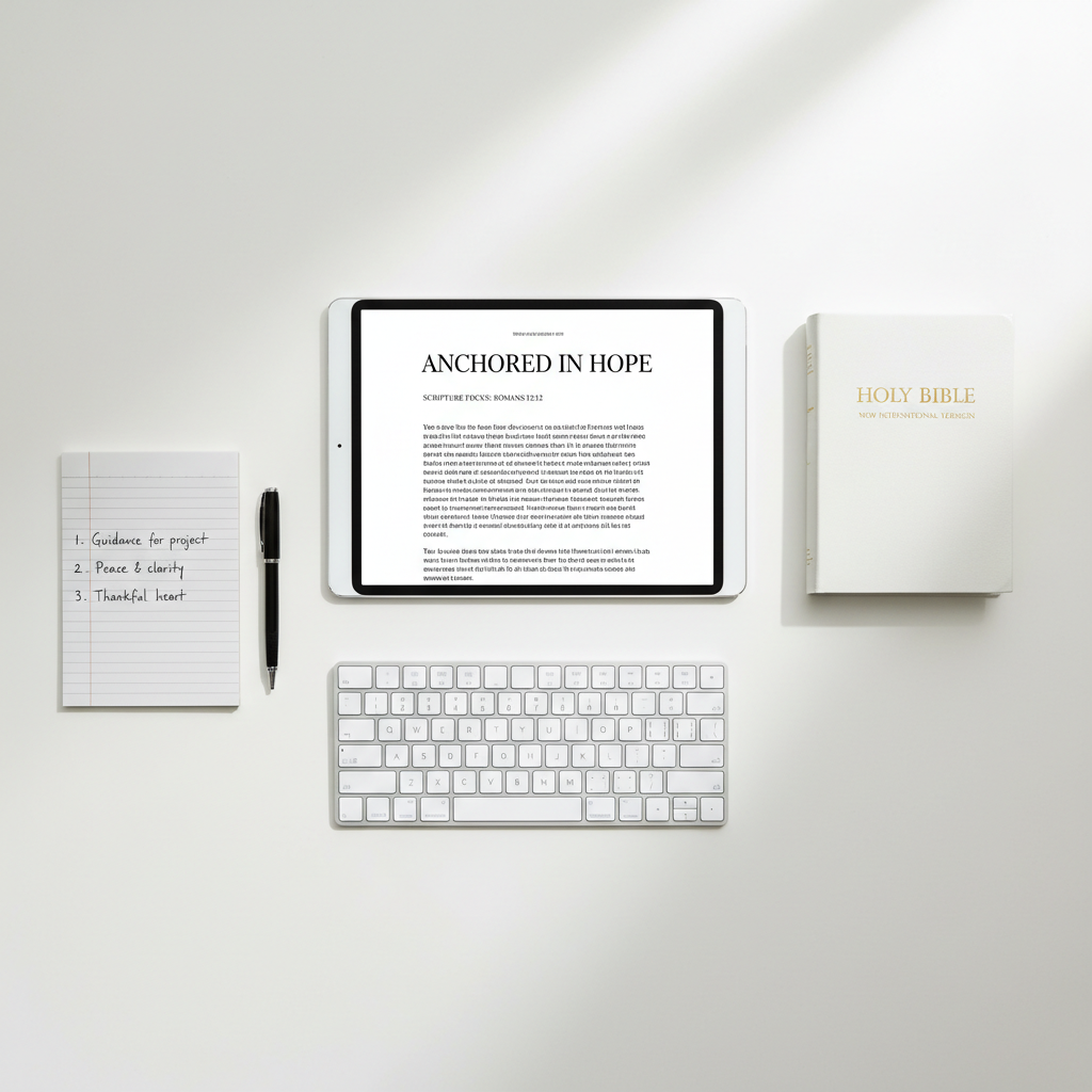 An overhead view of a clean, minimalist workspace where a tablet displays a faith-based article with a visible scripture heading, positioned next to a closed white Bible with gold-foiled lettering on the cover. A slim, wireless keyboard and a neatly aligned notepad with a few handwritten prayer points sit nearby. The desk surface is a light, matte white, emphasizing clarity and order. Soft natural daylight from above creates even, gentle illumination with minimal shadows. Photographic realism with a modern, professional aesthetic, sharp focus throughout, evoking an organized, uplifting environment for digital Christian writing and reading.