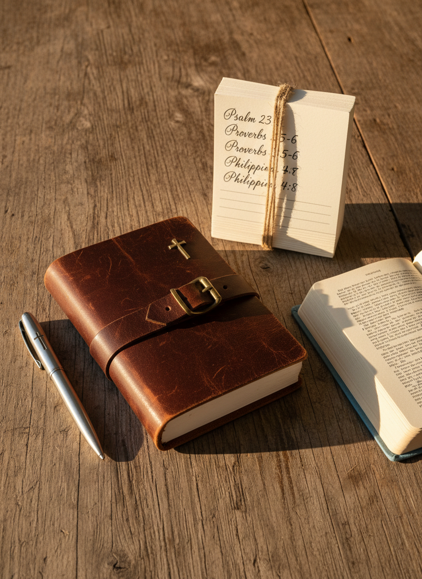 A rustic wooden table displaying a collection of faith-based writing tools: a leather journal with a wraparound strap, a slim silver pen, and a stack of index cards neatly bound with twine, each card showing a clearly written Bible verse heading. Beside them, a small, open devotional book lies slightly angled, its cream-colored pages textured and inviting. Soft, golden hour sunlight washes over the scene from the right, emphasizing the warm wood tones and subtle paper textures while casting gentle, contemplative shadows. Photographic realism, captured from a slightly elevated angle with a balanced composition, creating a serene, reflective atmosphere ideal for Christian devotion and study.